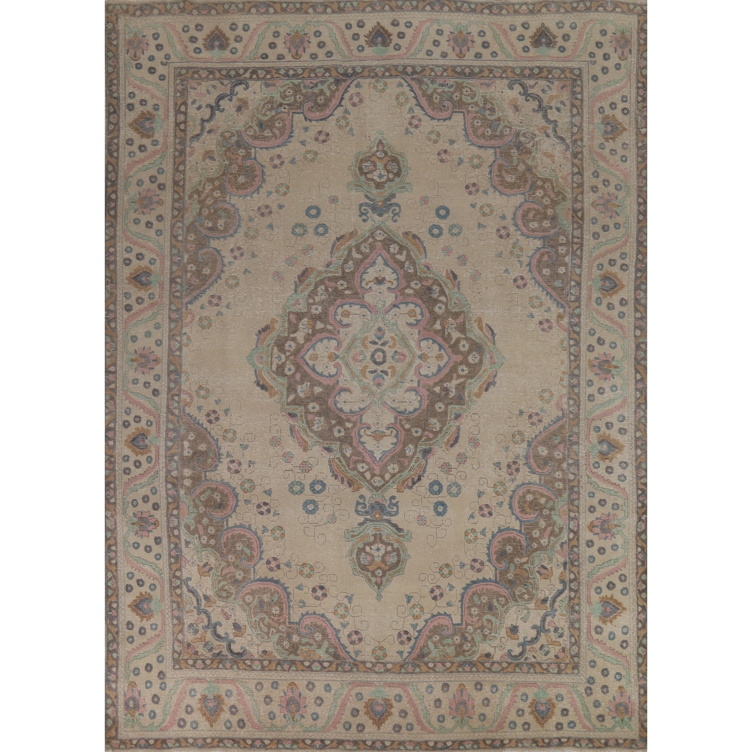 Hand Knotted Oriental 100% Wool Carpet Traditional Floral Beige & Ivories Tabriz Area Rug - 12' 9'' X 9' 7''