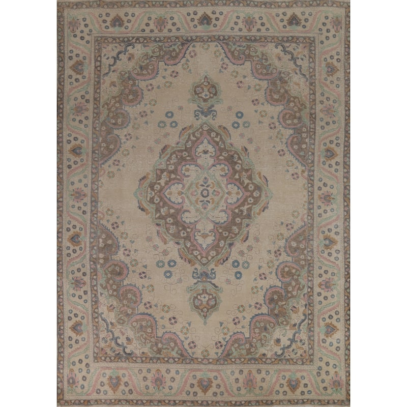 Hand Knotted Oriental 100% Wool Carpet Traditional Floral Beige & Ivories Tabriz Area Rug - 12' 9'' X 9' 7''