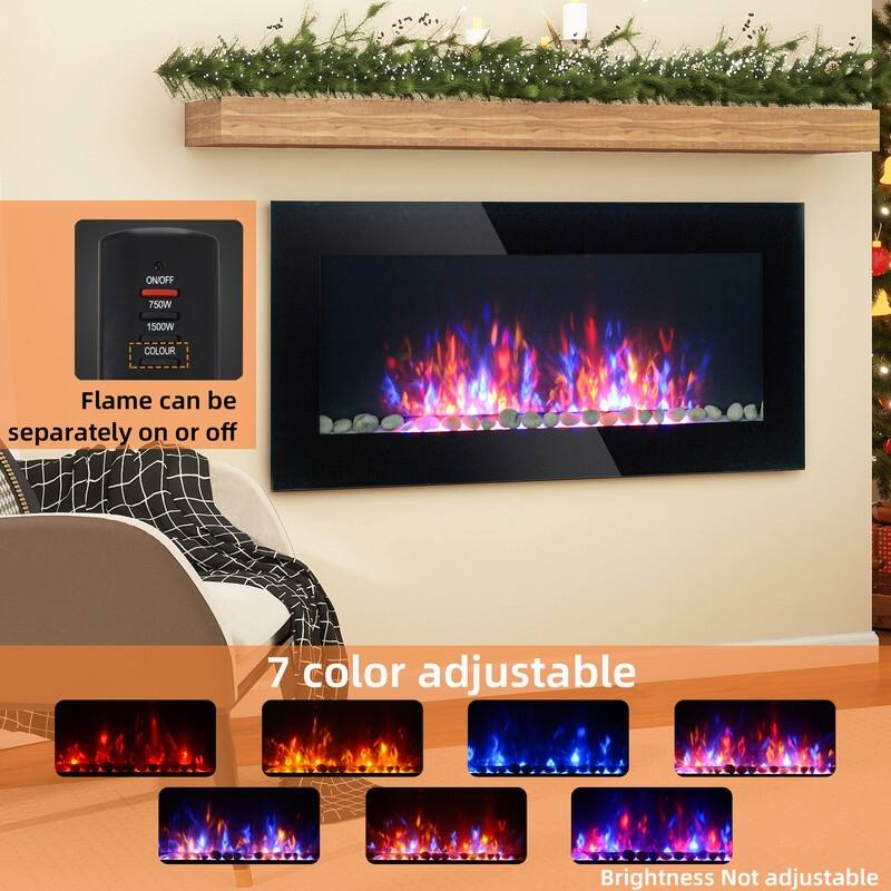 41.3/50/60 in. Wall Mount Recessed Electric Fireplaces in Black, Tempered Glass, Flame Effect, Multi-Color, Remote,1400-1500W