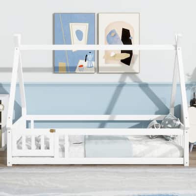 Twin Size Tent-shaped Floor Bed with Guardrails,Slats and Door
