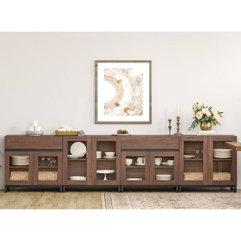 4-in-1 Multifunctional Sideboard Buffet with Glass Doors, 2 Drawers & Metal Base, Modern Coffee Bar Cabinet for Kitchen Storage.