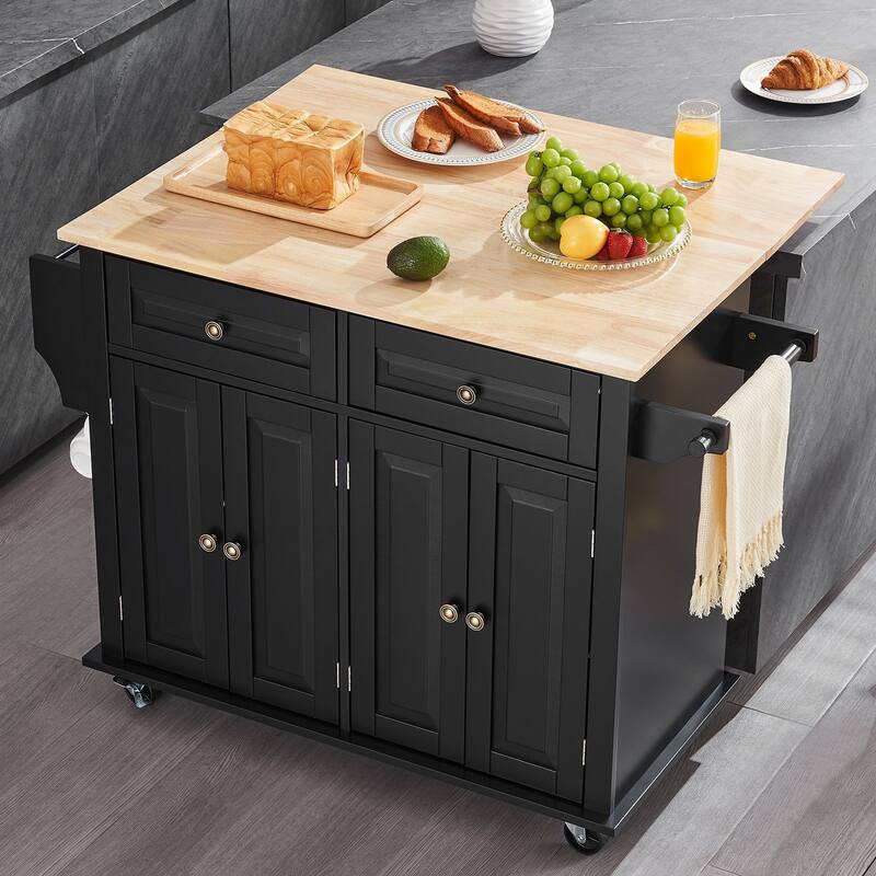 Black Kitchen Island Cart Rolling Storage Cabinet on Wheel with 2 Drawer and 2 Adjustable Shelves - 43x28x32 inch