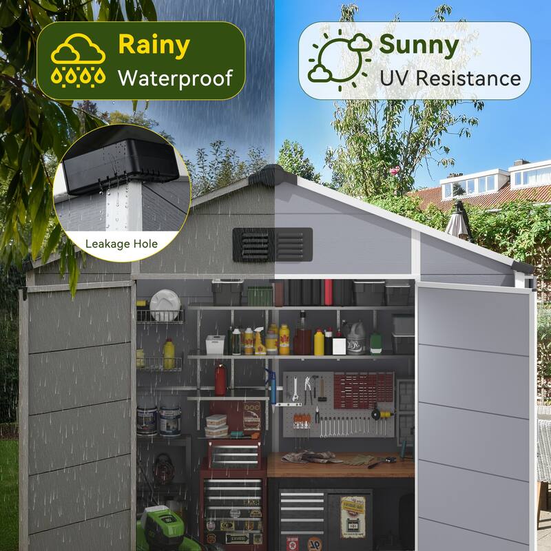 EROMMY Outdoor Storage Shed with Built-In Floor, Lockable Double Doors & Sloped Roof, Gray/Black