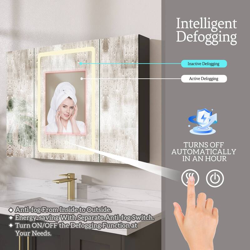 ZEAFIVE LED Black Bathroom Medicine Cabinet Surface Mount Defog Medicine Cabinet 3 Lights Dimmable