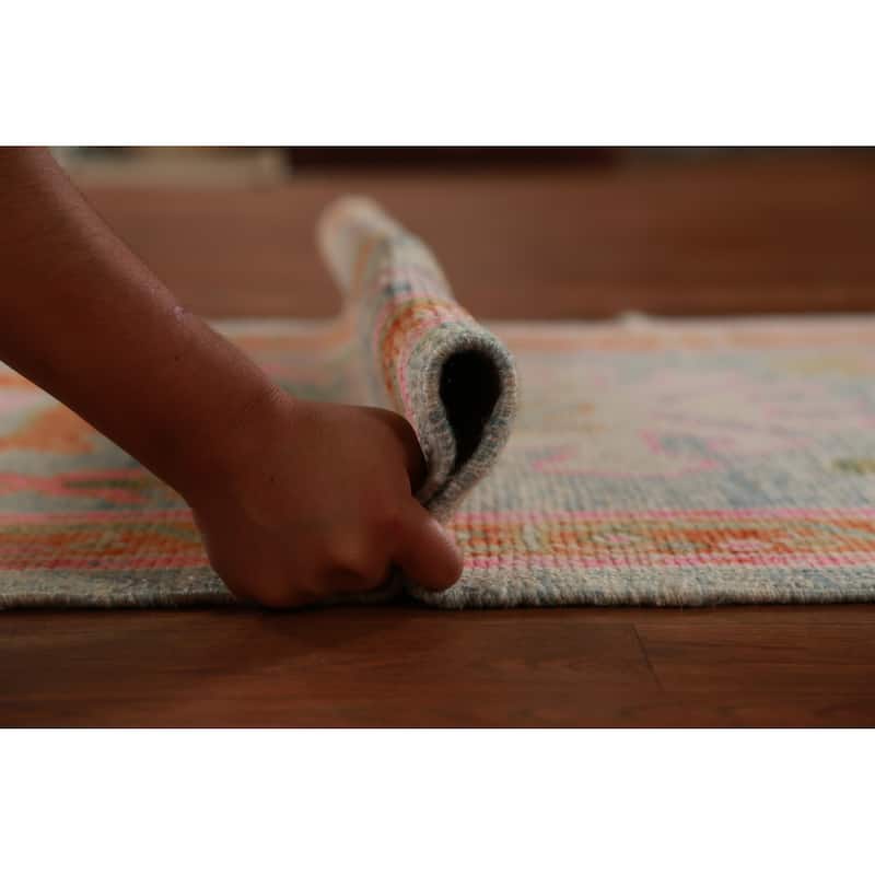 Hand Knotted Oriental 100% Wool Carpet Transitional Floral Navy Blue & Blues Oushak Runner Rug - 12' 8'' X 2' 11''