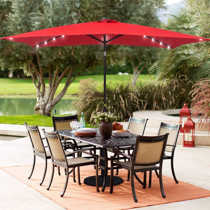 LIVOOSUN 10x6.5ft Steel Solar-Powered LED Patio Umbrella,w/Crank Tilt - Red