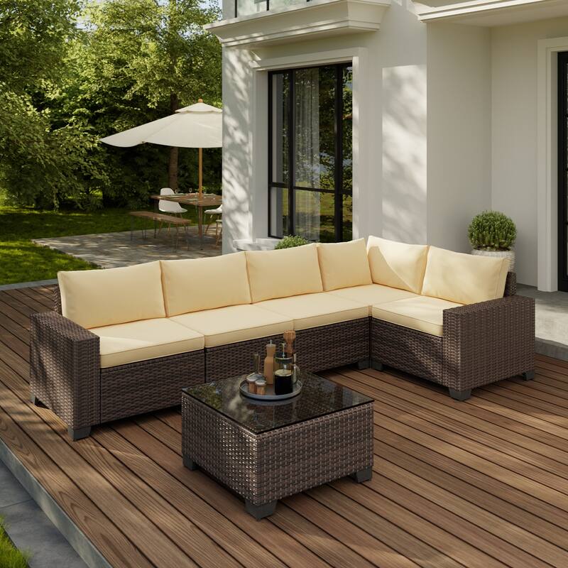 6-Piece Outdoor Patio Furniture Set, PE Wicker Rattan Sectional Sofa Conversation Set with Thickened Cushions and Coffee Table