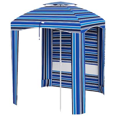 Outsunny 5.8 Ft Beach Umbrella with Polyester Canopy and Removable Side Panels Fringed Ruffles Wind Resistant