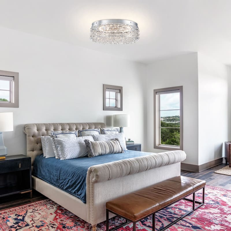 LED Flush Mount Ceiling Light with Stainless Steel Shade and Crystal - Dia.14.17-in