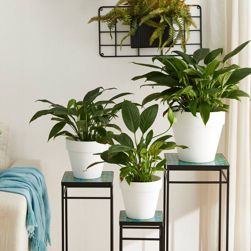 Glitzhome Set of 3 Metal Nesting Planter Stands Square Plant Holder with Green Pattern Ceramic Tiles Table Top