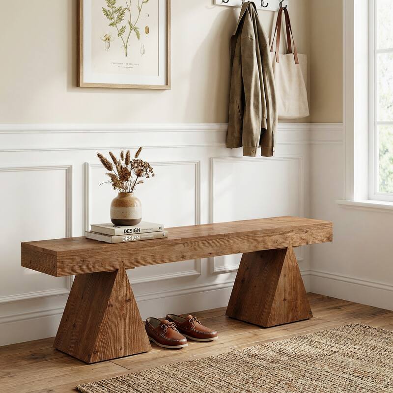 63" Solid Wood Bench, End of Bed Bench, Farmhouse Entryway Benches for Bedroom, Hallway, Kitchen