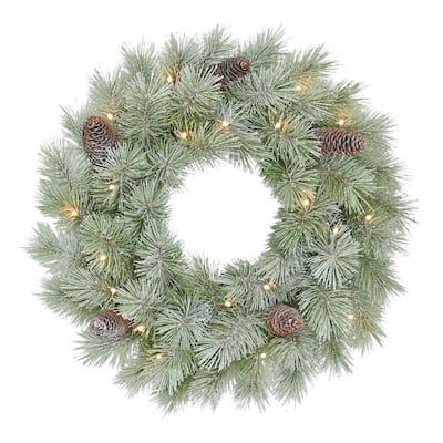 Puleo International 24" Pre-Lit Battery-Operated Artificial Flocked Wreath