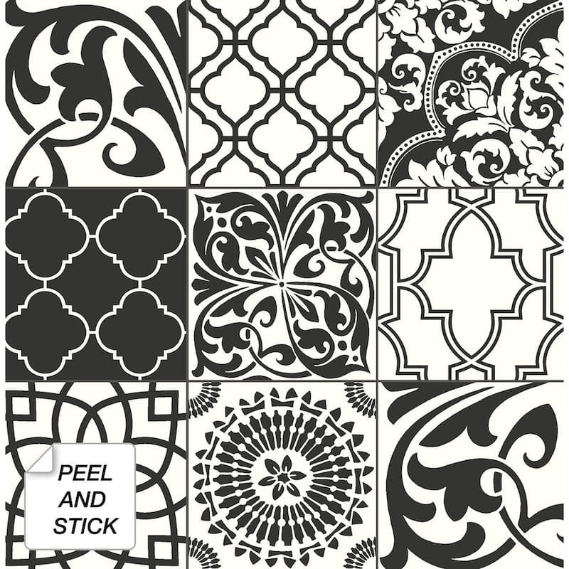 NextWall Black and White Graphic Tile Peel and Stick Wallpaper - 20.5 in. W x 18 ft. L - 20.5 in. W x 18 ft. L - Black & White