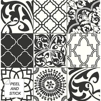 NextWall Black and White Graphic Tile Peel and Stick Wallpaper - 20.5 in. W x 18 ft. L
