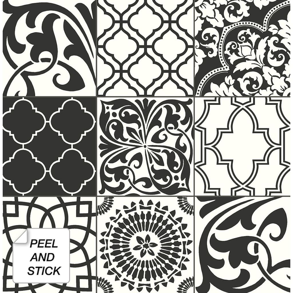 NextWall Black and White Graphic Tile Peel and Stick Wallpaper - 20.5 in. W x 18 ft. L