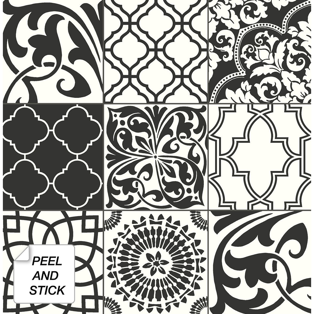 NextWall Black and White Graphic Tile Peel and Stick Wallpaper - 20.5 in. W x 18 ft. L