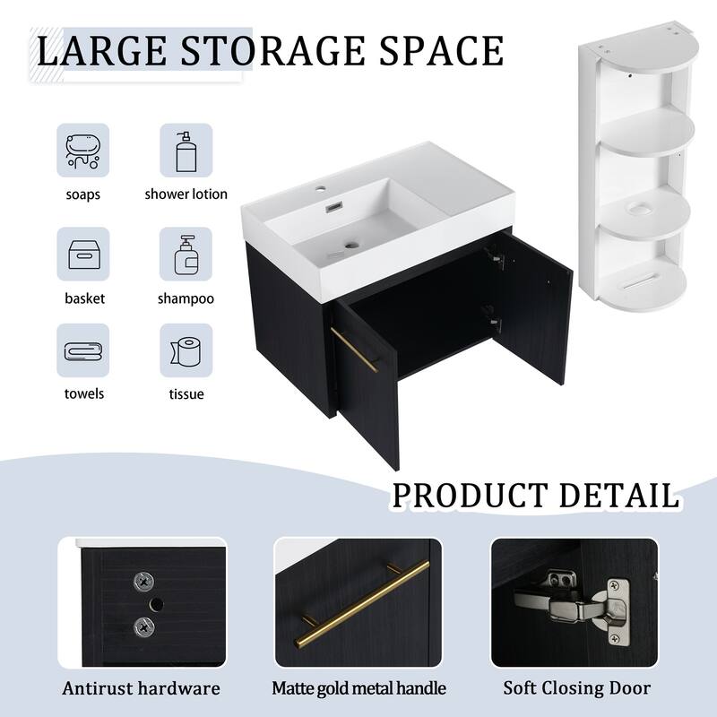 Wall mounted bathroom vanity with sink and storage shelf