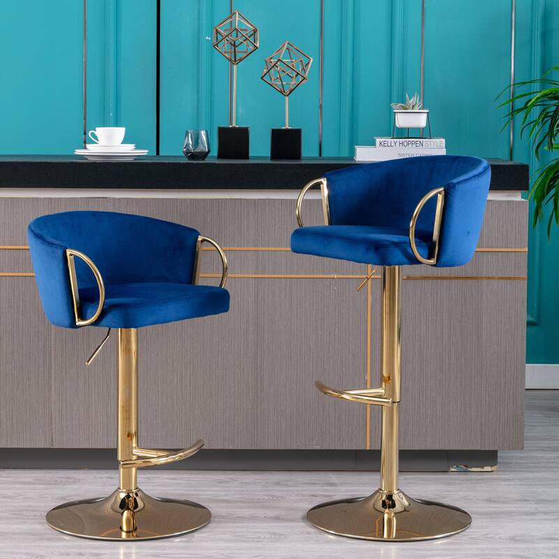 2 Velvet Bar Stools with Chrome Footrest and Base Swivel Height Adjustable - N/A