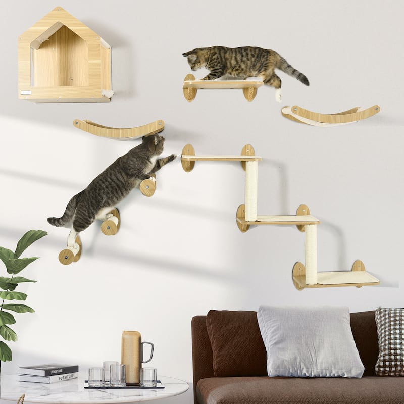 PawHut 8Pcs Wall Mounted Cat Tree Cat Shelf Set, Cat Wall Furniture with Cat Hammocks, Condo, Perches, Steps, Modern Cat Tree - Oak
