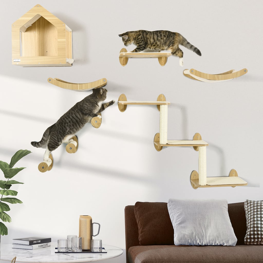 PawHut 8Pcs Wall Mounted Cat Tree Cat Shelf Set, Cat Wall Furniture with Cat Hammocks, Condo, Perches, Steps, Modern Cat Tree