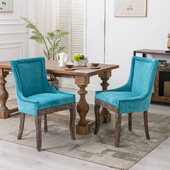 Ultra Side Dining Chair,Thickened fabric chairs with neutrally toned solid wood legs, Bronze nail head,Set of 2,Blue
