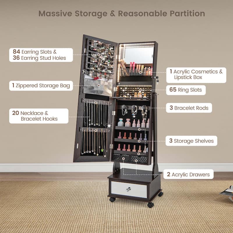 Costway Jewelry Cabinet Armoire Full-Length Mirror Lockable with - See Details