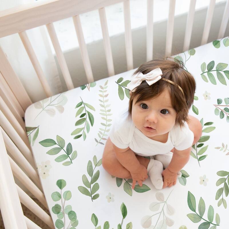 Boho Floral Leaf Boy Girl 2pc Fitted Crib Sheets Sage White Bohemian