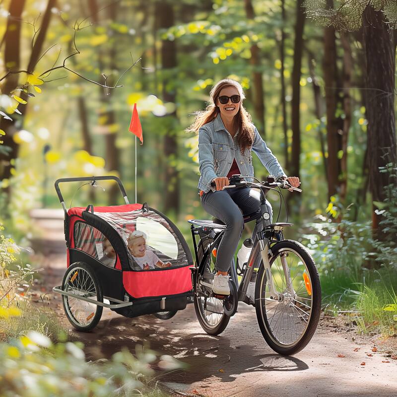 2-Seat Baby Bike Trailer for Kids with Safety Harness, Removable Canopy, Ample Storage