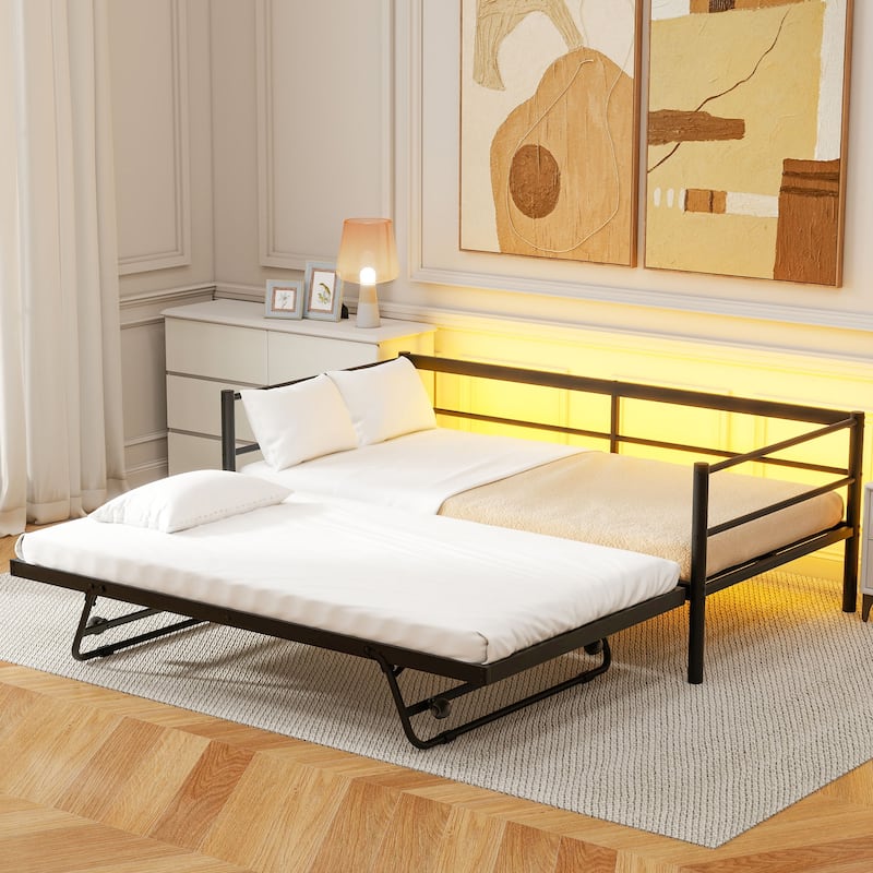 Roomfitters Twin Metal Daybed with Adjustable Pop-Up Trundle, Space-Saving Guest Bed Frame with LED Lighting