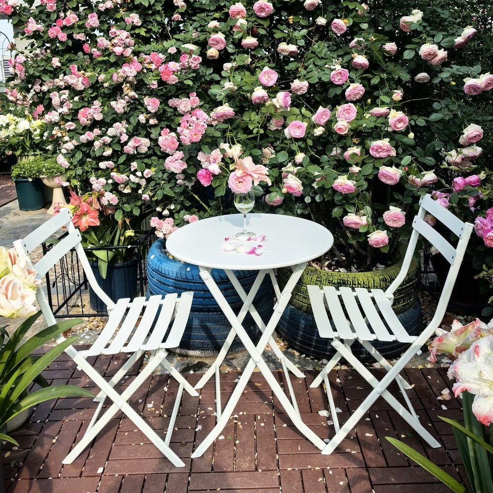 Modern 3 Piece Patio Bistro Set w/ Foldable Round Table and Chairs