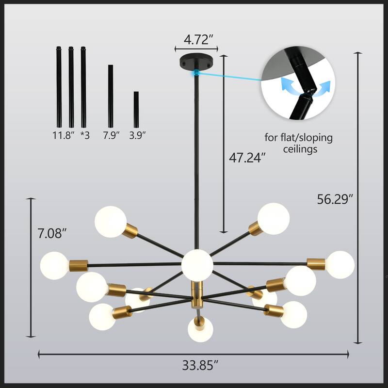 8-Light Modern Sputnik Chandeliers Mid Century Adjustable Black & Gold Light Fixtures
