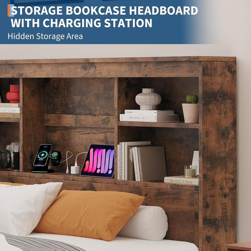 Bed Frame with High Storage Headboard, 4 Drawers, Charging Station & Wood Slats, No Box Spring Needed
