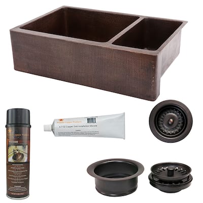 33-in Hammered Copper Kitchen Apron 75/25 Double Basin Sink with Matching Drains, and Accessories (KSP3_KA75DB33229)