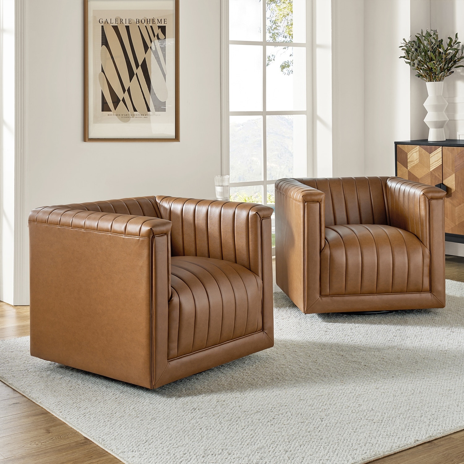 HULALA HOME Esteban Modern Leather Upholstered Swivel Barrel Chair Set of 2