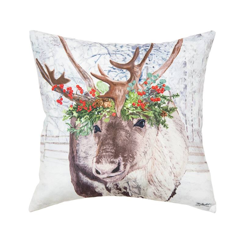 18" x 18" Reindeer Wearing a Red Holly Flower Crown Indoor and Outdoor Throw Pillow