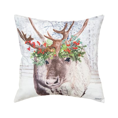 18" x 18" Reindeer Wearing a Red Holly Flower Crown Indoor and Outdoor Throw Pillow