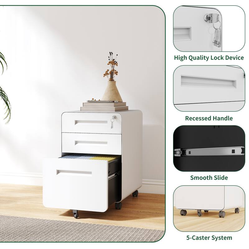 3-Drawer Mobile File Cabinet with Lock, All-Steel Metal Storage Cabinet on Casters, for Home & Office, Holds A4/Letter Files