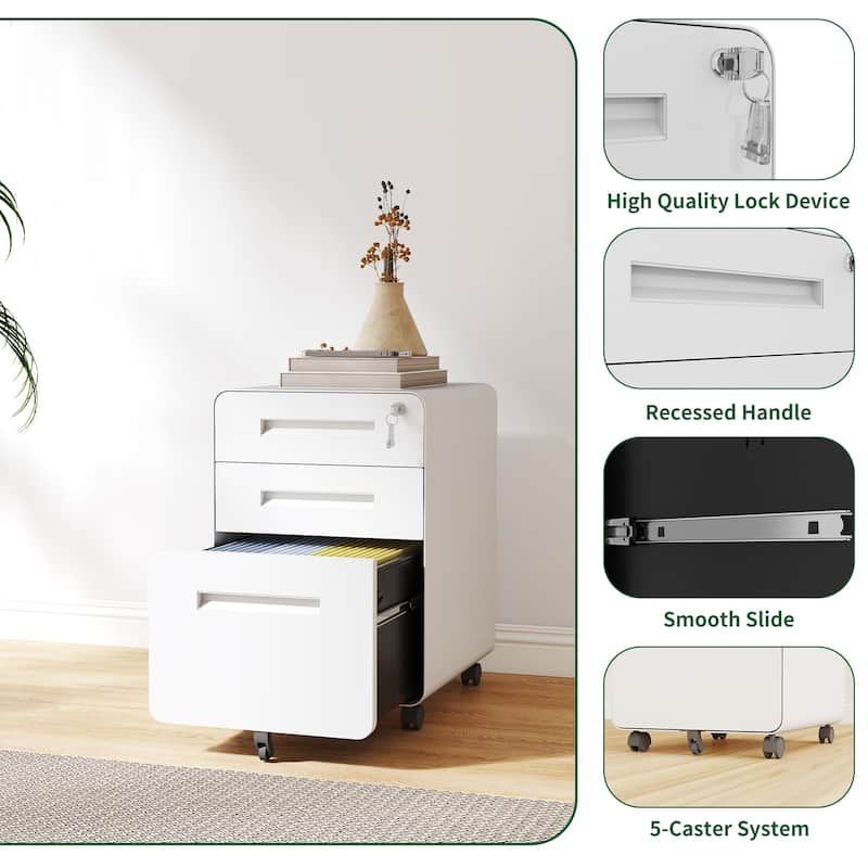 Modern 3-Drawer Wide Mobile File Cabinet with Lock and 4 Swivel Casters, for Office and Home Use, White