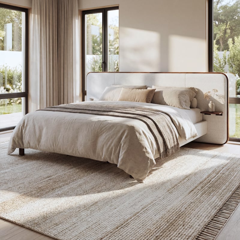 Christopher Knight Home - Modern Boucle Upholstered Platform Bed with Built-In Floating Shelves