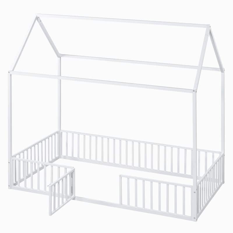 Roomfitters Twin/Full Size Metal House Bed Frame with Fence and Door Design for Bedroom Storage