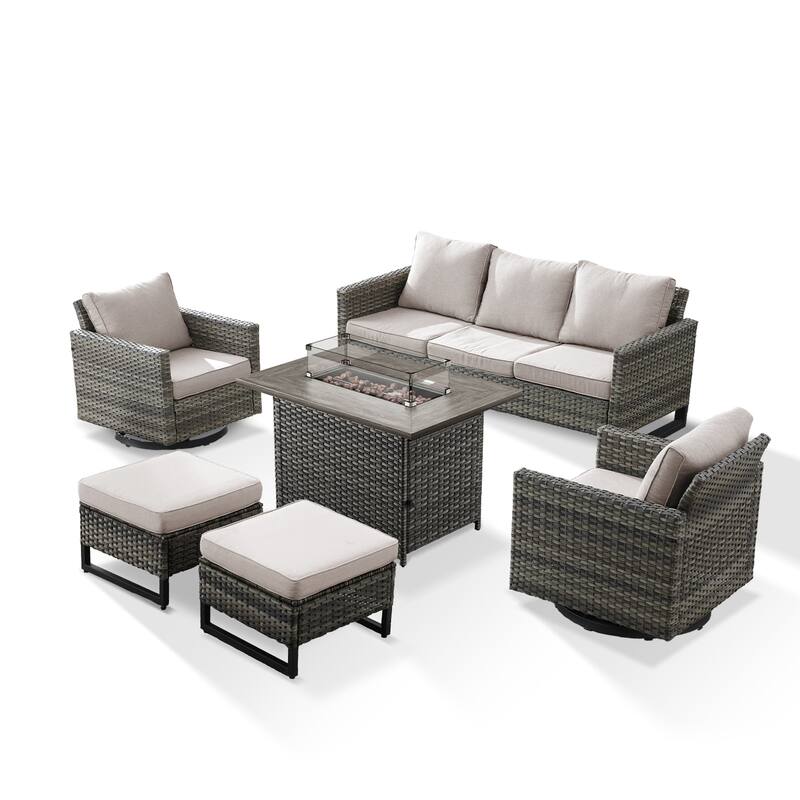 Outdoor Sofa 2 Swivel Chairs Ottomans and Fire Pit Table