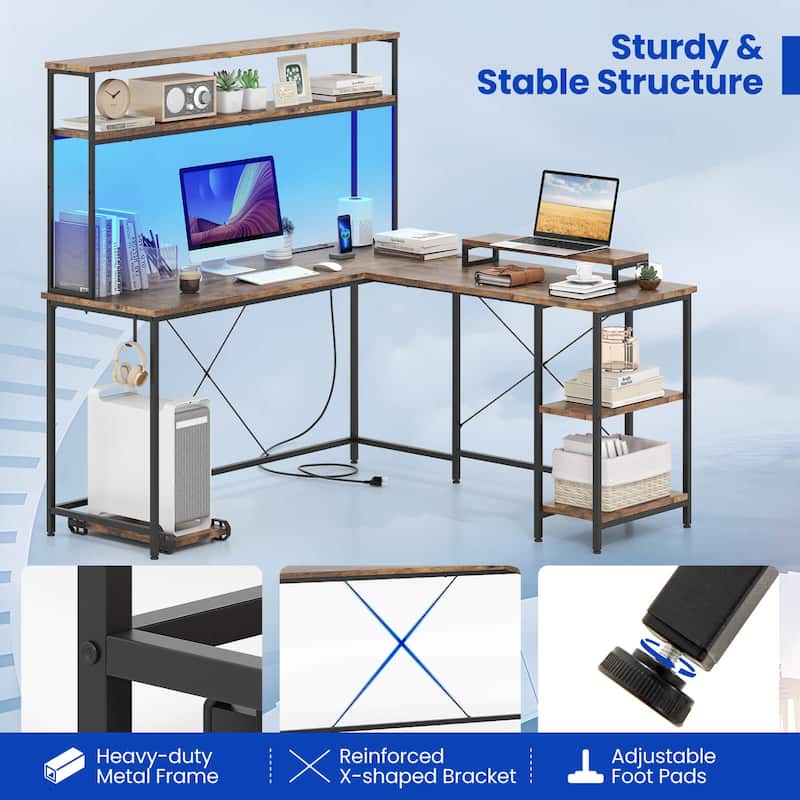 Costway L-Shaped Gaming Desk with LED Strip & Power Outlets Hutch - See Details