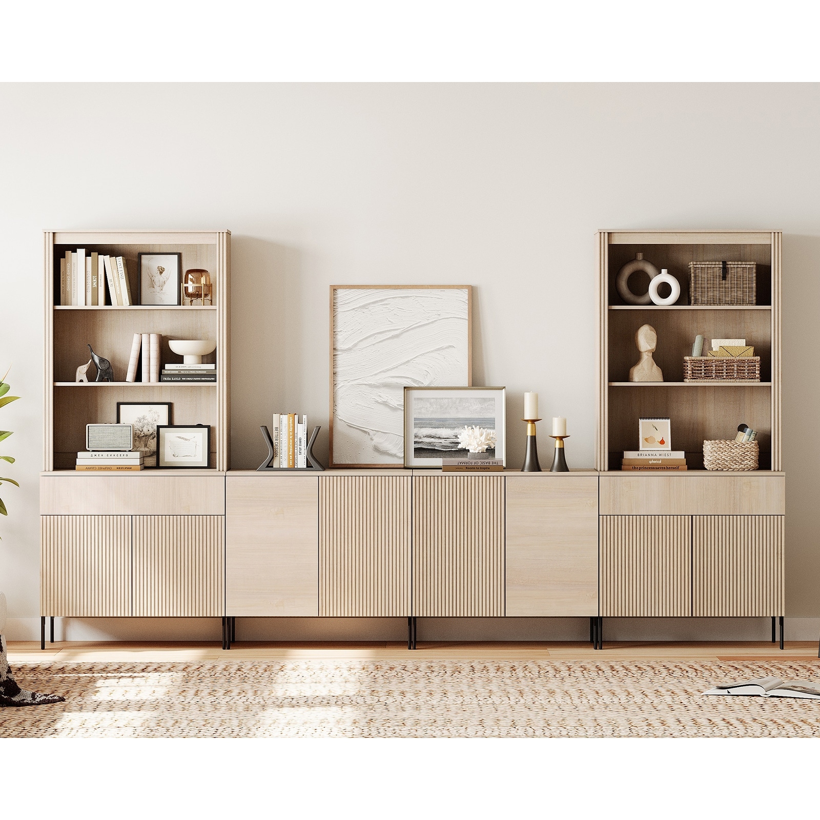 71.6"H X 126"W Set Of 4 Bookcase with Storage Cabinets, 14 Tier Bookshelf with Fluted Doors and Adjustable Shelves