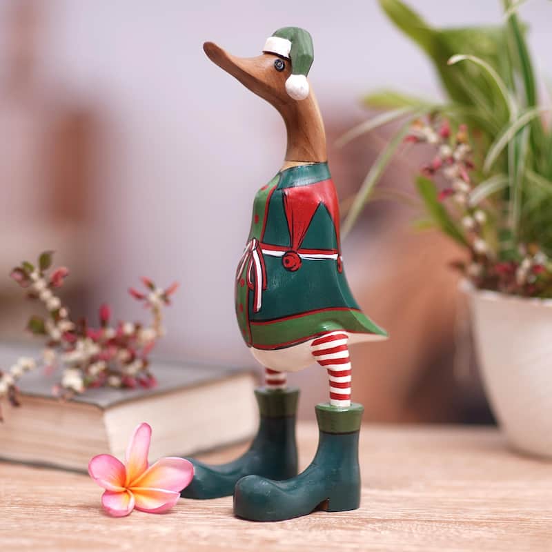 Novica Handmade Santas Helper Duck Bamboo Root And Teak Wood Figurine