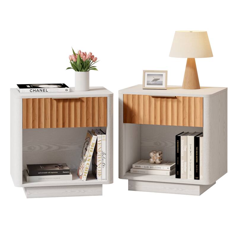 Contemporary Nightstand with Open Storage Set of 2 - White/Oak