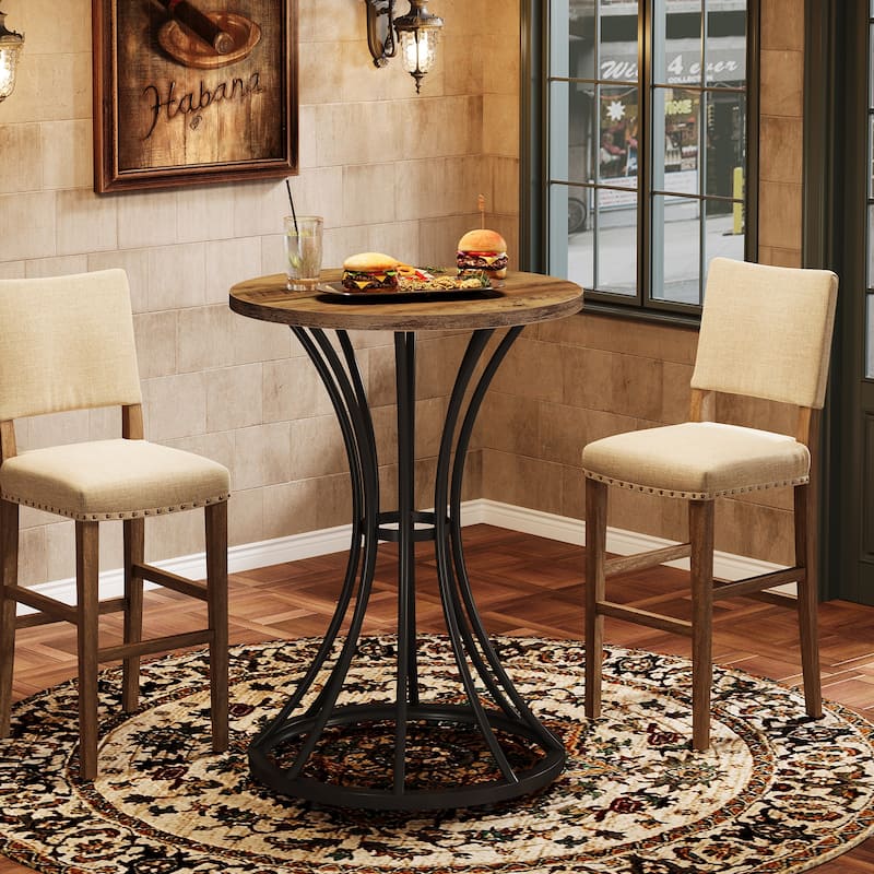 23.6" Small Round Bar Table, Cocktail Table with Curved Metal Base - Brown+Black