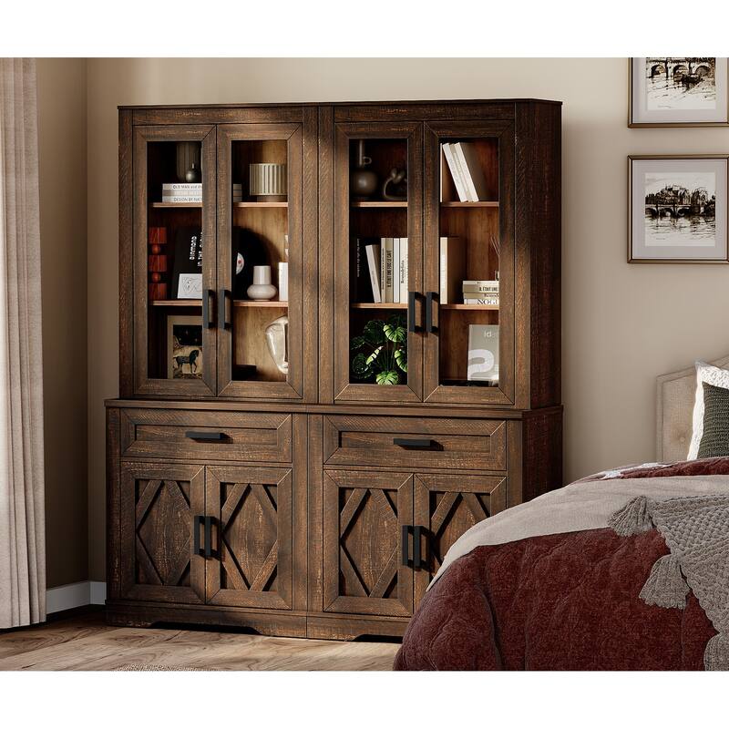 5 Tier Bookcase with Barn Door,73.3" Tall Open Storage Bookshelf