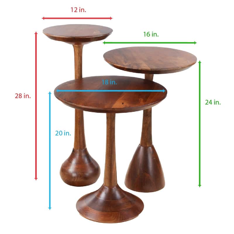 Set of 3 Round Accent Tables with Mango Wood Tops and Pedestal Bases