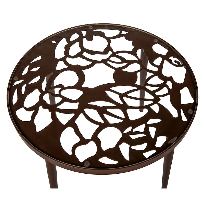 Devon Decorative Modern Floral Cutout Glass Top Patio Coffee Side Table with Aluminum Frame for Indoor Outdoor - 23 x 23