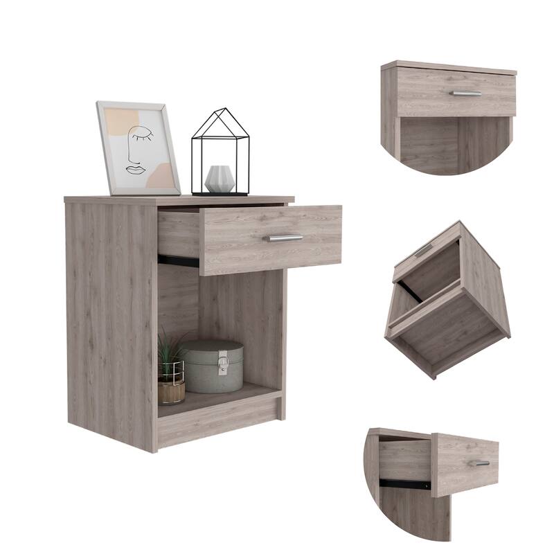 Minimalist Light Grey Nightstand with Drawer and Open Shelf